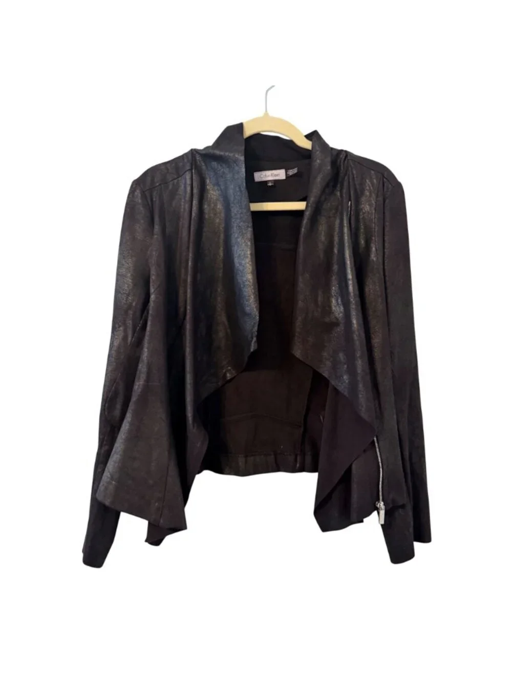 Calvin Klein Black Open Front Faux Leather Jacket Size L Jacket - Picture 2 of 12